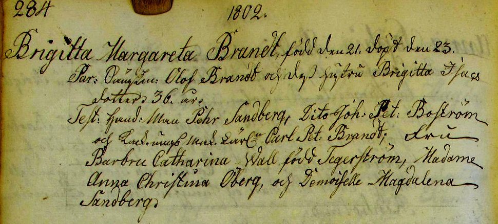Udsnit af kirkebog, Daab af Brigitta Margareta Brandt